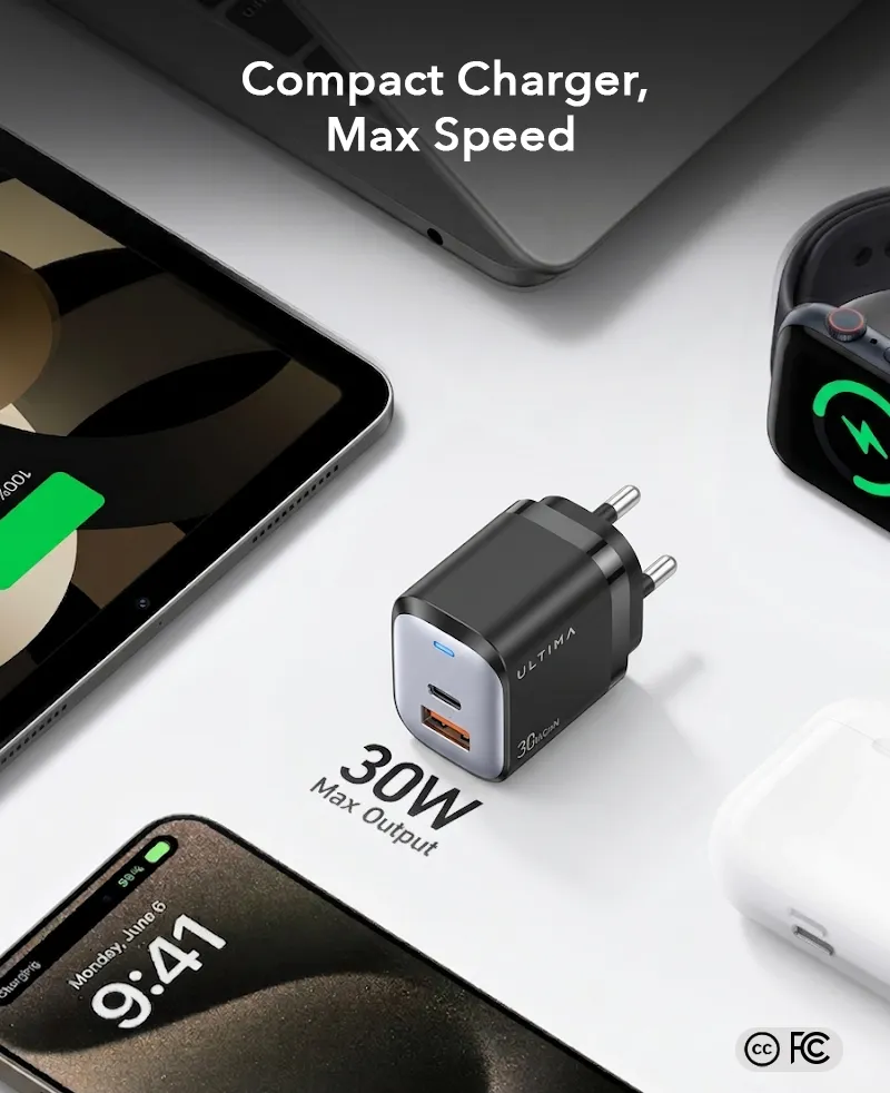 Ultima Rapid 30W GaN Dual Port Fast Charger in Nepal | USB-A & Type-C PD Charger