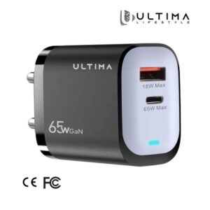 Buy Ultima Rapid 65W GaN Dual Port Charger in Nepal. Type-C 65W PD & USB-A 18W output, laptop support, CE & FCC certified, fast & safe charging.