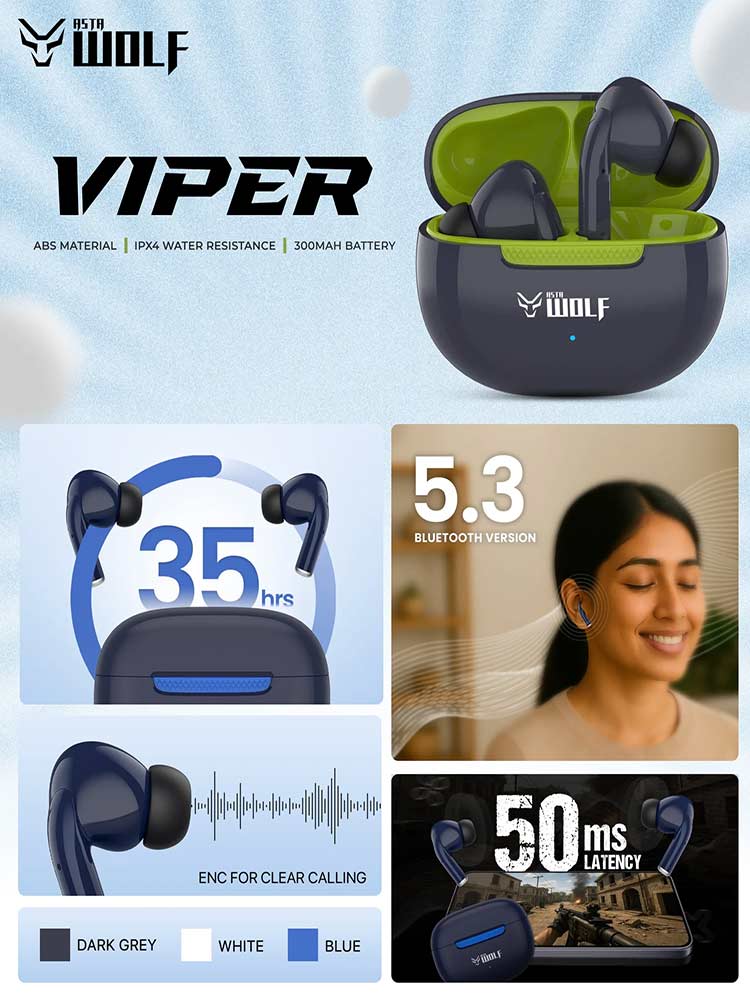 Asta Wolf Viper True Wireless Earbuds (35H Playtime, ENC, Low Latency)
